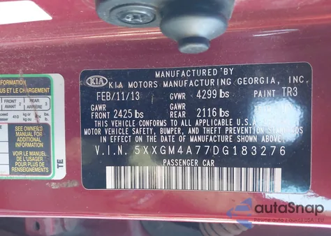 2013 Kia Optima Lx z USA, uszkodzony, nr VIN 5XXGM4A77DG183276